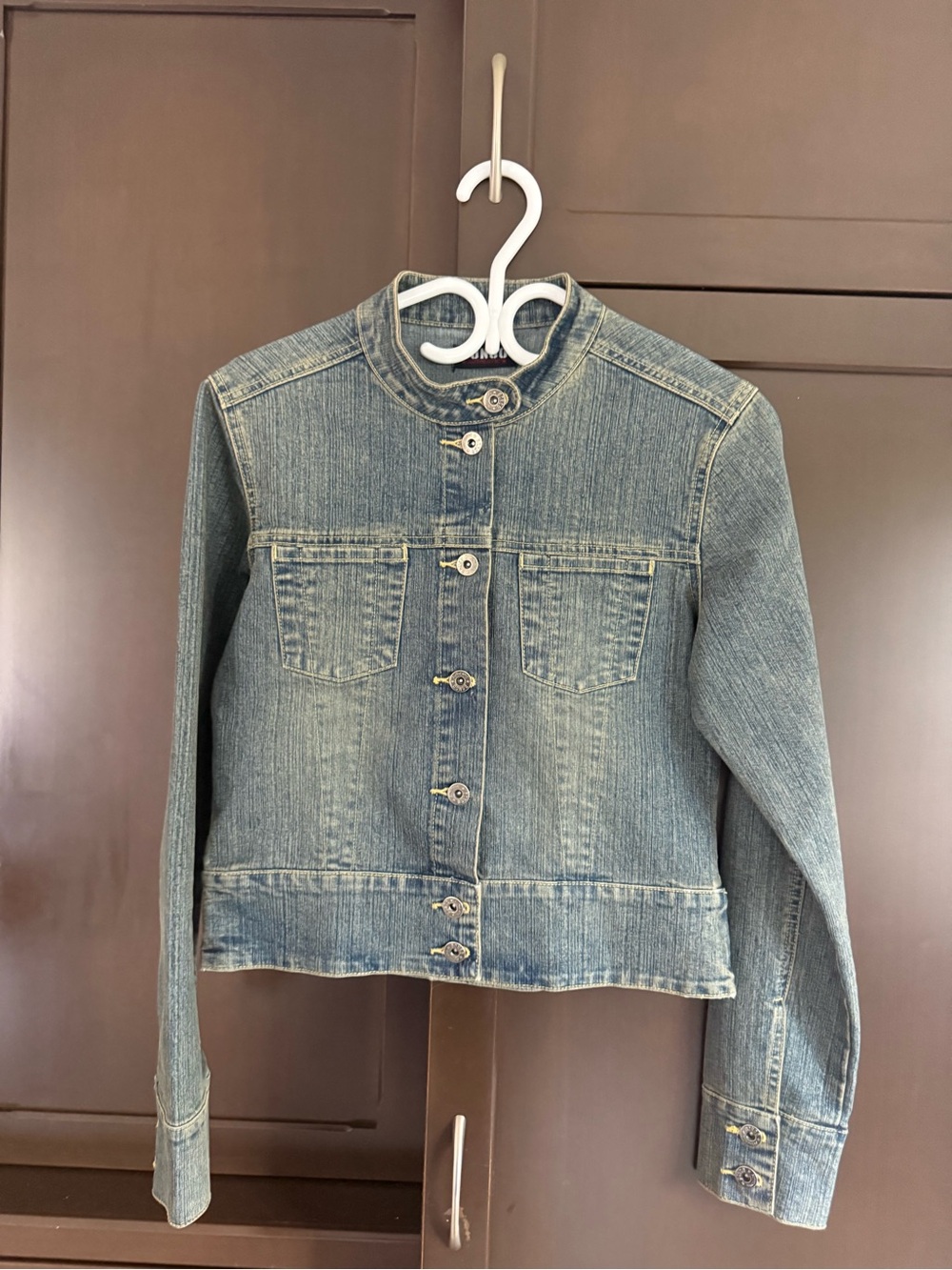 BONGO Distressed Light Blue Denim Jacket with Stand Collar